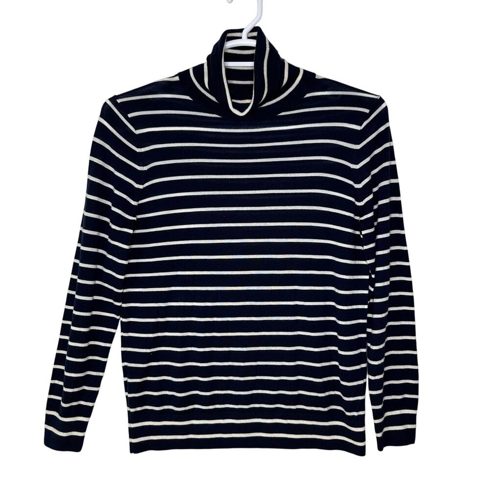 Banana Republic Women's‎ Large Sweater Turtleneck Merino Wool Blue White Stripe